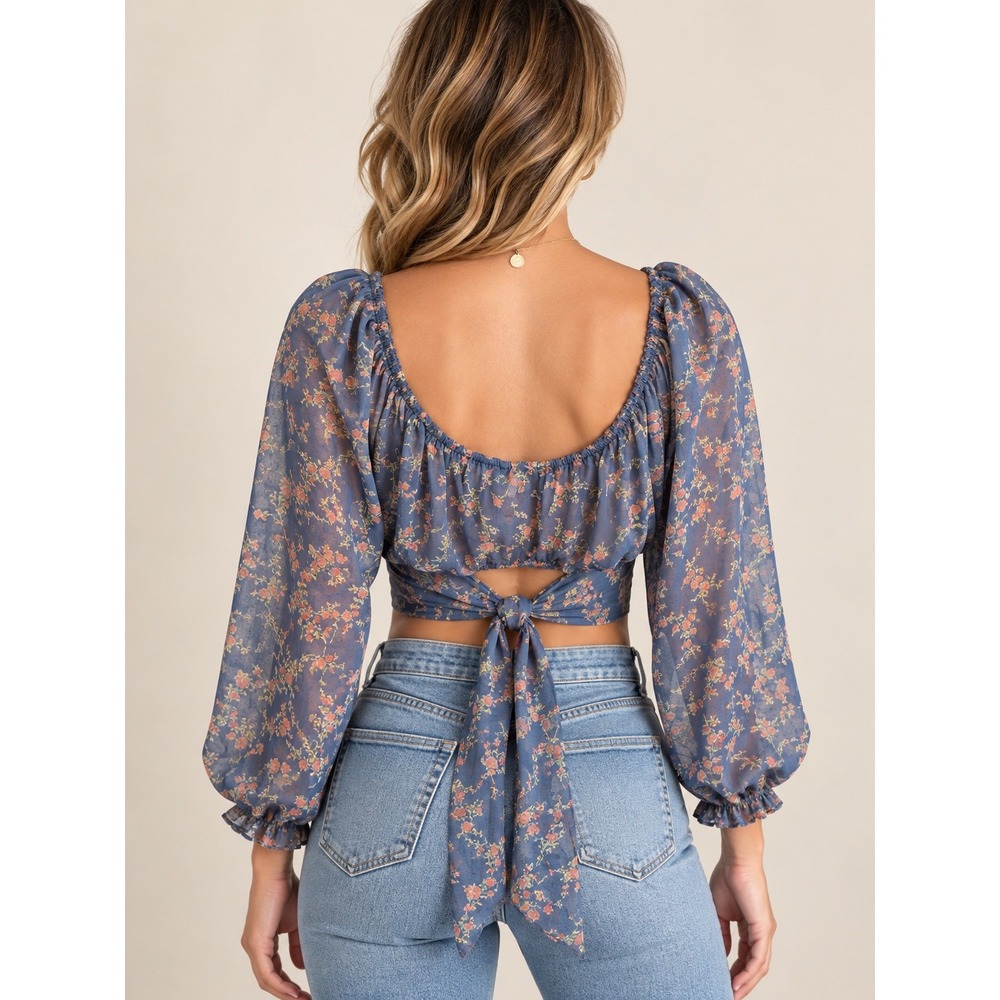 Papermoon Blue Floral Tie Back Crop Top Long Balloon Sleeve Boho Blouse Large
